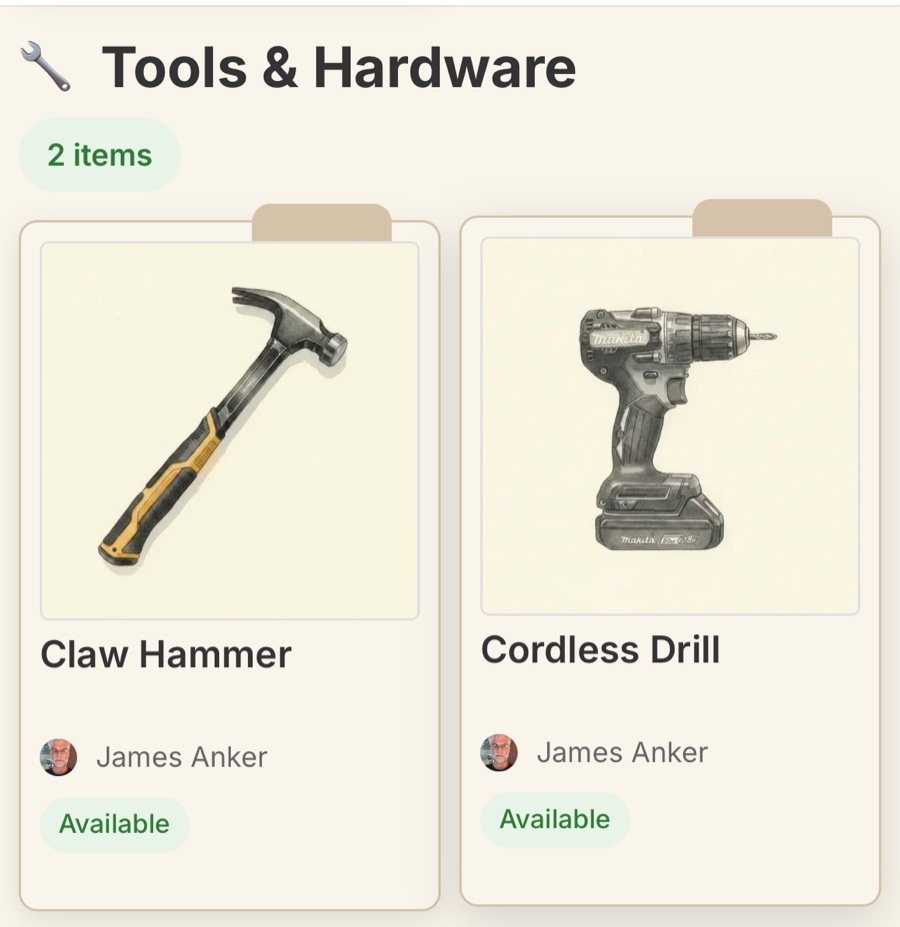The Tools & Hardware shelf in the app: a claw hammer and cordless drill, both available